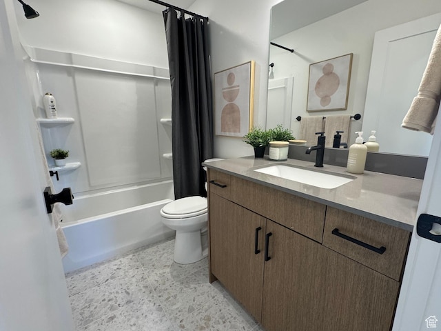 full bathroom with toilet, vanity, and shower / bathtub combination with curtain