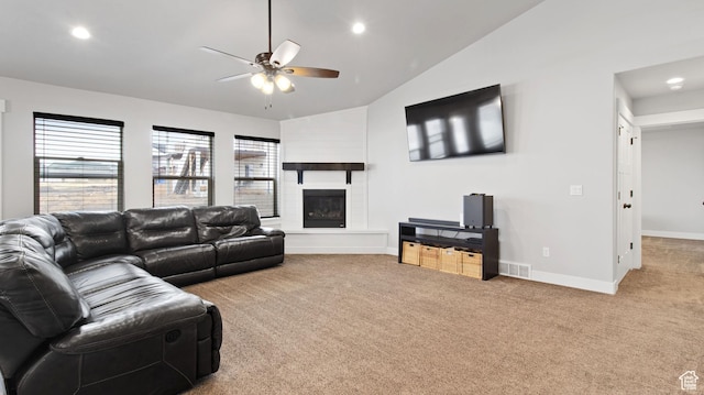 1081 N 2800 W, Tremonton, UT 84337 - carpeted living room featuring visible vents, baseboards, lofted ceiling, recessed lighting, and a glass covered fireplace