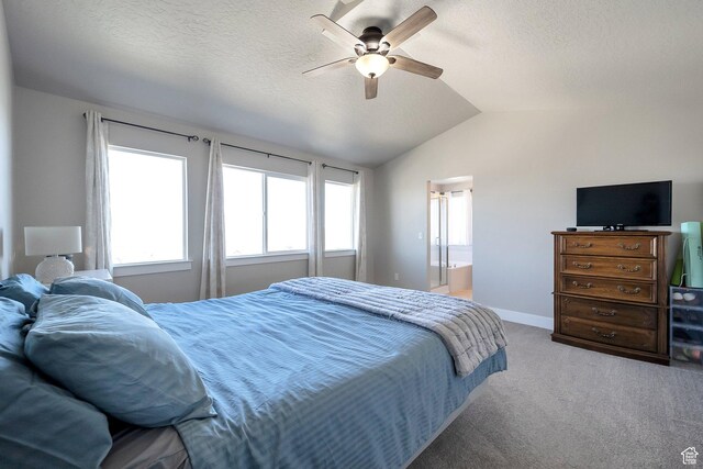 4726 W Plainfield Rd S, Herriman, UT 84096 - carpeted bedroom with baseboards, vaulted ceiling, a textured ceiling, ensuite bath, and a ceiling fan