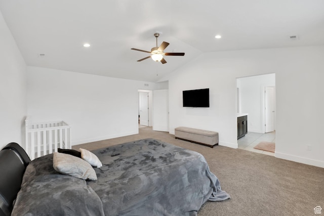 1373 E Bell Buoy Way S, Eagle Mountain, UT 84005 - bedroom with visible vents, ceiling fan, baseboards, light colored carpet, and vaulted ceiling