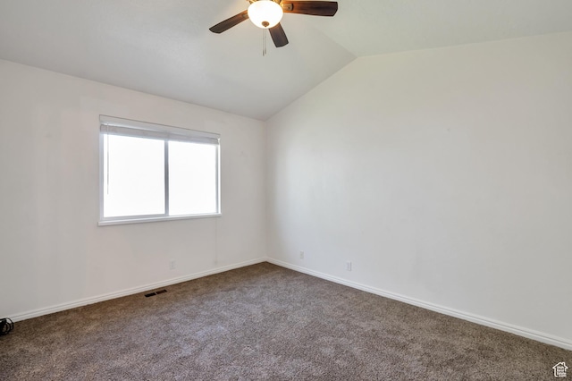 1354 N 2950 W, Clinton, UT 84015 - unfurnished room featuring baseboards, visible vents, carpet floors, lofted ceiling, and ceiling fan