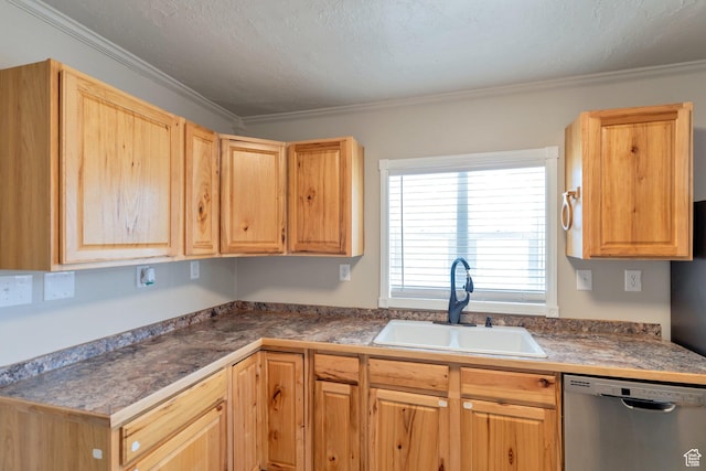 252 E 31st S, Ogden, UT 84401 - kitchen with dark countertops, light brown cabinets, crown molding, dishwasher, and a sink