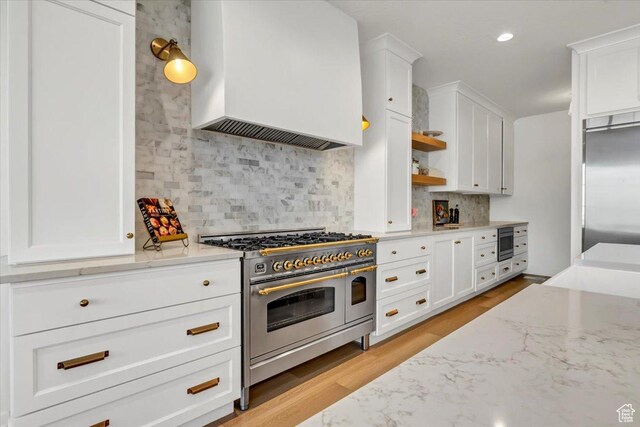 4875 N Vialetto Way, Lehi, UT 84043 - kitchen with tasteful backsplash, stainless steel appliances, light wood-style floors, custom exhaust hood, and white cabinetry