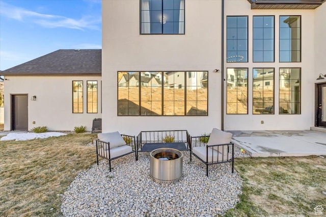 4875 N Vialetto Way, Lehi, UT 84043 - rear view of property with stucco siding, a patio, roof with shingles, and an outdoor hangout area
