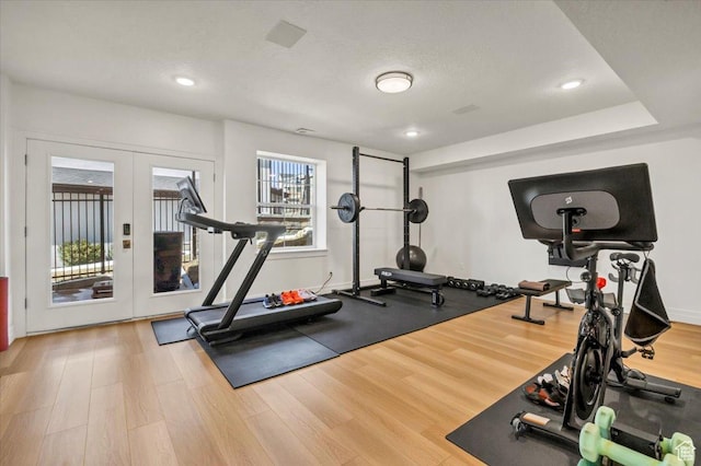 4875 N Vialetto Way, Lehi, UT 84043 - exercise room featuring recessed lighting, french doors, and wood finished floors