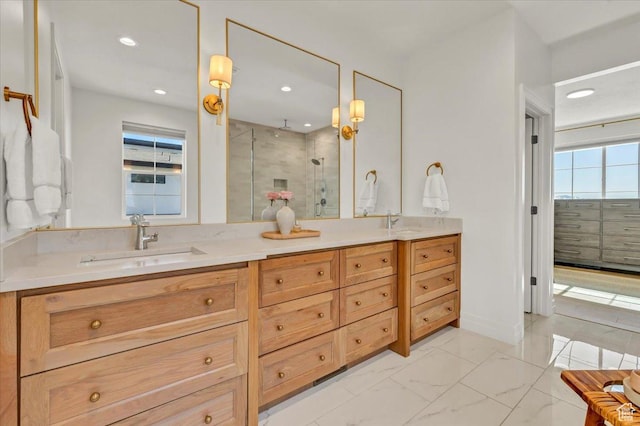 4875 N Vialetto Way, Lehi, UT 84043 - bathroom with marble finish floor, a stall shower, a sink, recessed lighting, and double vanity