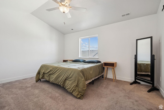 4905 E Lake Corner Dr, Eagle Mountain, UT 84005 - bedroom with baseboards, visible vents, lofted ceiling, ceiling fan, and light colored carpet