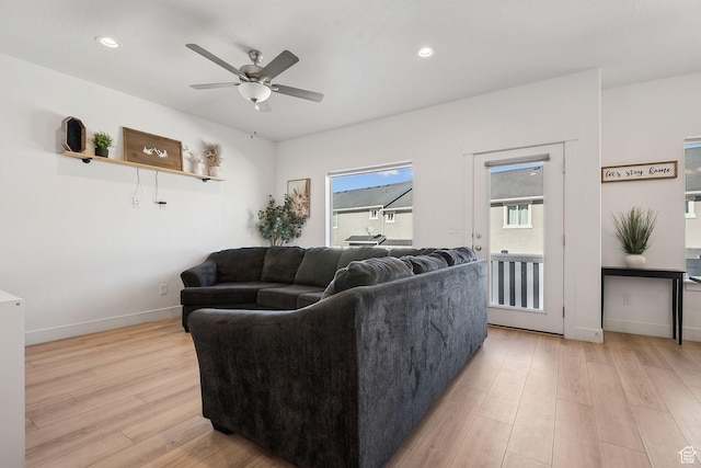 4905 E Lake Corner Dr, Eagle Mountain, UT 84005 - living area with recessed lighting, light wood-style floors, baseboards, and ceiling fan