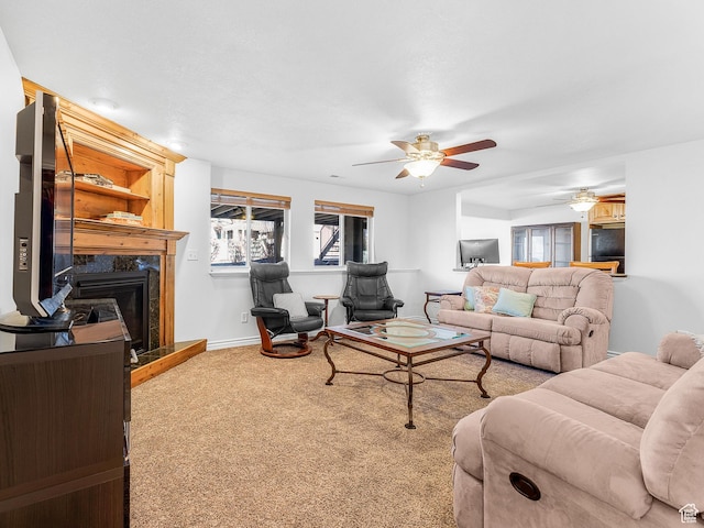 3265 N 1050 W, Pleasant View, UT 84414 - carpeted living room with a ceiling fan, baseboards, and a premium fireplace