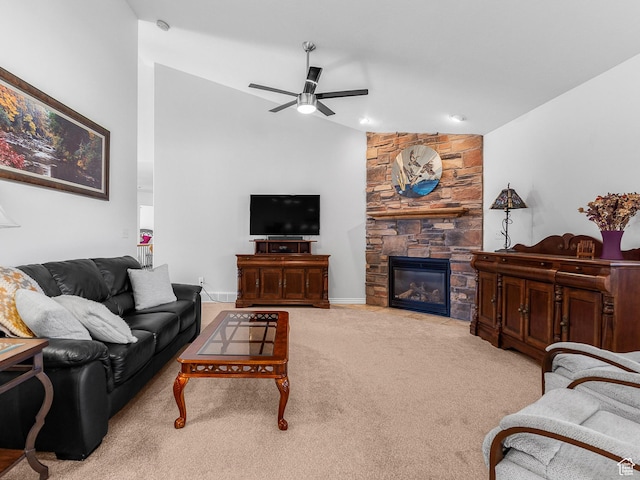 3265 N 1050 W, Pleasant View, UT 84414 - living area featuring baseboards, carpet floors, ceiling fan, a stone fireplace, and vaulted ceiling