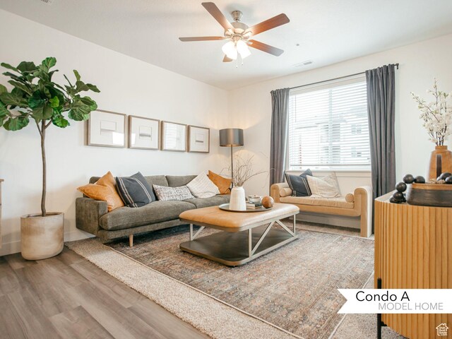 13687 S Hanley Ln Unit Dd102, Riverton, UT 84096 - living area with visible vents, ceiling fan, and wood finished floors