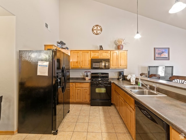 2 Desert Wind Dr Unit 2, Moab, UT 84532 - kitchen featuring light tile patterned floors, high vaulted ceiling, a sink, black appliances, and dark countertops