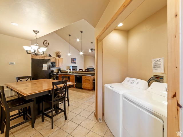 2 Desert Wind Dr Unit 2, Moab, UT 84532 - washroom featuring light tile patterned flooring, ceiling fan with notable chandelier, and independent washer and dryer