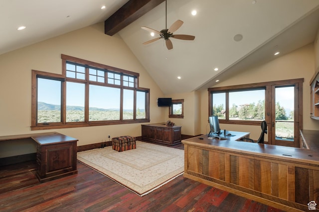 8376 E Aspen Rdg Unit 44, Heber City, UT 84032 - office area with dark wood-style flooring, beamed ceiling, high vaulted ceiling, ceiling fan, and recessed lighting