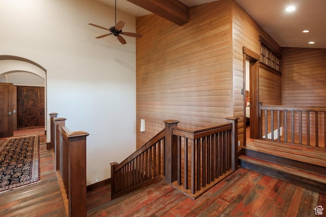 8376 E Aspen Rdg Unit 44, Heber City, UT 84032 - stairs featuring wood walls, hardwood / wood-style floors, recessed lighting, a ceiling fan, and beam ceiling