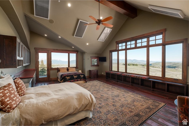 8376 E Aspen Rdg Unit 44, Heber City, UT 84032 - bedroom with high vaulted ceiling, access to outside, beamed ceiling, wood finished floors, and recessed lighting