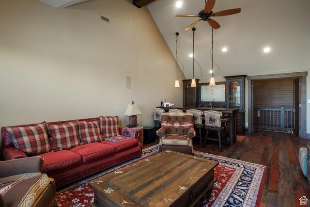 8376 E Aspen Rdg Unit 44, Heber City, UT 84032 - living room featuring ceiling fan, hardwood / wood-style flooring, high vaulted ceiling, recessed lighting, and beam ceiling