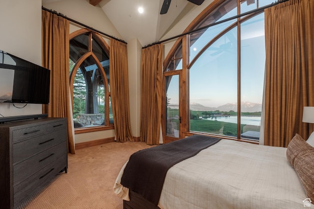 8376 E Aspen Rdg Unit 44, Heber City, UT 84032 - bedroom with vaulted ceiling, access to exterior, light carpet, a water and mountain view, and ceiling fan