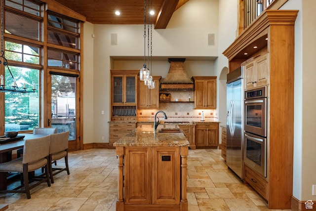 8376 E Aspen Rdg Unit 44, Heber City, UT 84032 - kitchen with a towering ceiling, stainless steel appliances, stone tile flooring, wooden ceiling, and open shelves