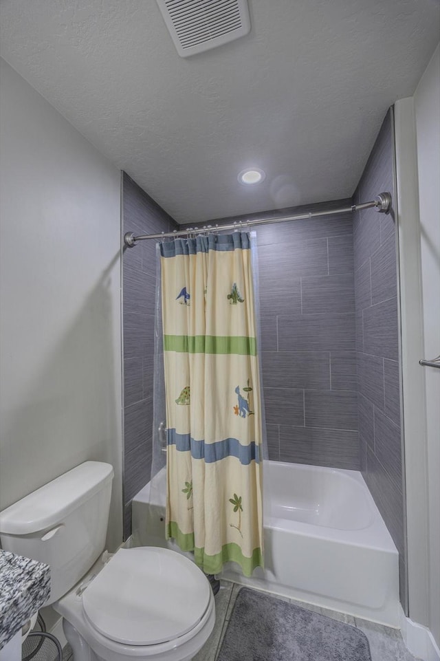 1997 E Abbey Way S, Eagle Mountain, UT 84005 - full bath featuring visible vents, shower / bath combo with shower curtain, toilet, a textured ceiling, and tile patterned flooring