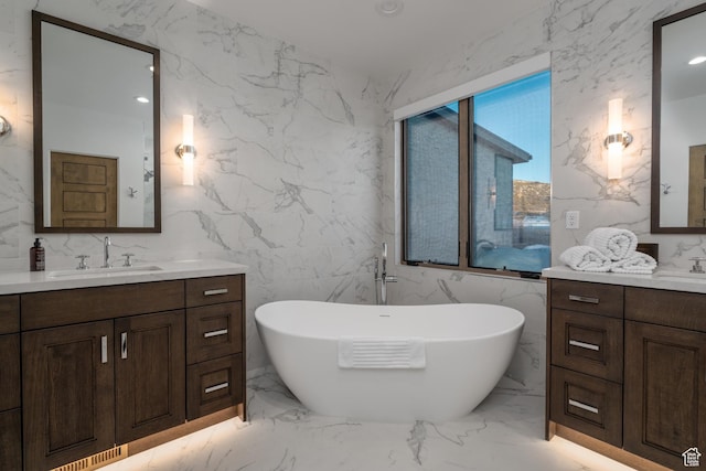 5790 Cobalt Cir, Park City, UT 84098 - full bathroom with a freestanding bath, stone wall, marble finish floor, and a sink