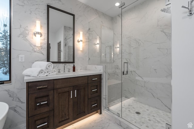 5790 Cobalt Cir, Park City, UT 84098 - full bath featuring vanity, stone wall, a marble finish shower, a soaking tub, and marble finish floor