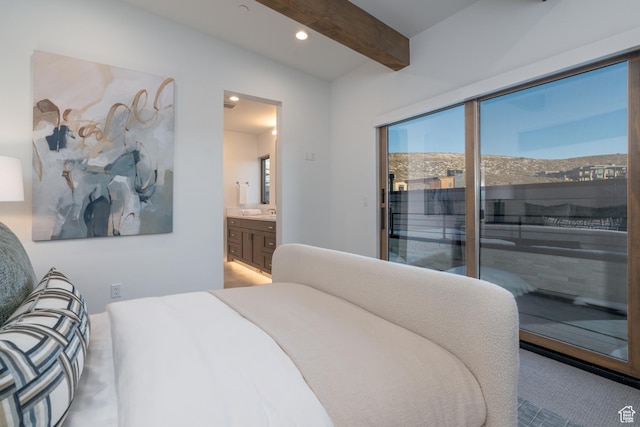 5790 Cobalt Cir, Park City, UT 84098 - bedroom featuring recessed lighting, a sink, access to exterior, beamed ceiling, and connected bathroom
