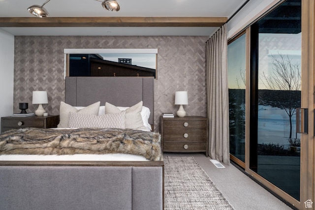 5790 Cobalt Cir, Park City, UT 84098 - carpeted bedroom featuring wallpapered walls and beamed ceiling