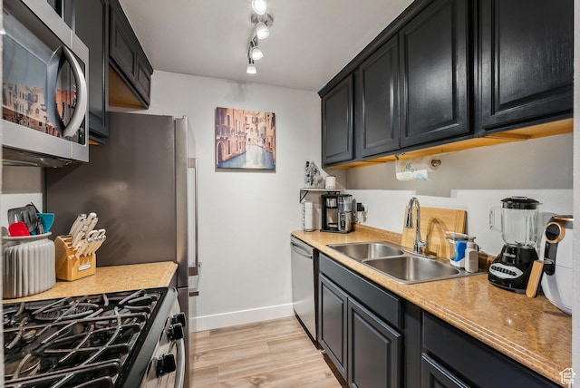 kitchen with a sink, dark cabinetry, light wood-style floors, and stainless steel appliances