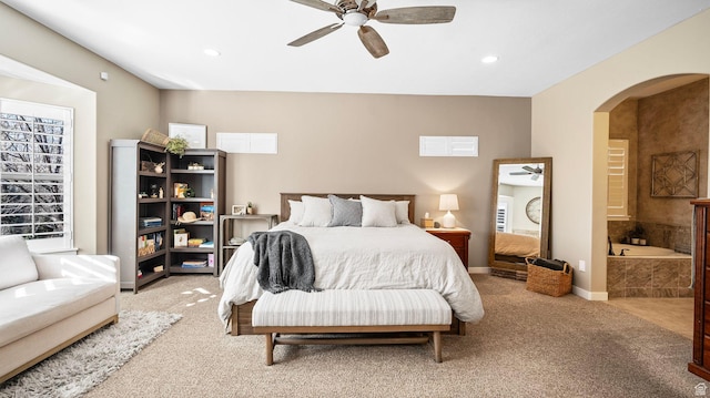 69 W Grove Creek Cir N, Farmington, UT 84025 - bedroom featuring light carpet, arched walkways, recessed lighting, ceiling fan, and baseboards
