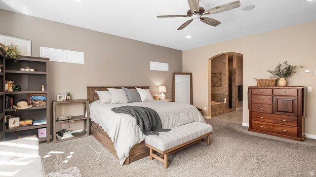 69 W Grove Creek Cir N, Farmington, UT 84025 - bedroom featuring arched walkways, light carpet, recessed lighting, baseboards, and ceiling fan