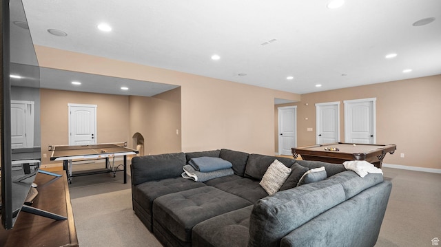 69 W Grove Creek Cir N, Farmington, UT 84025 - living room featuring light carpet, recessed lighting, baseboards, and pool table