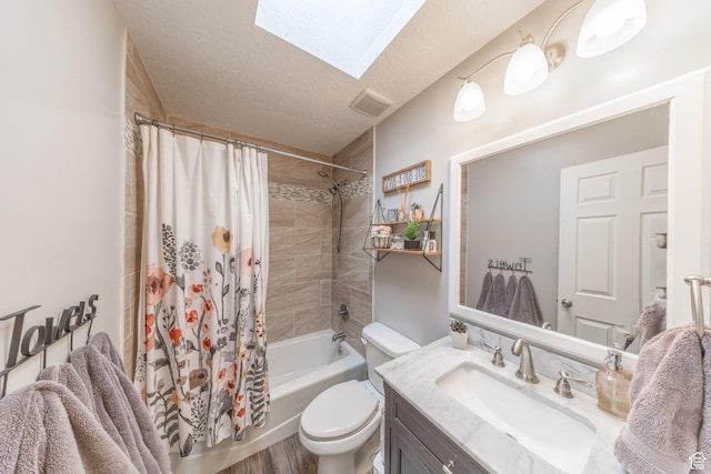 2350 N 720 W, Layton, UT 84041 - bathroom with shower / bath combo, a textured ceiling, toilet, visible vents, and vanity
