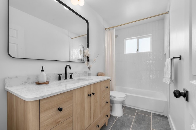 bathroom with toilet, shower / bath combo, vanity, and tile patterned flooring