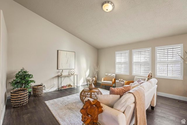 living room featuring a textured ceiling, baseboards, hardwood / wood-style flooring, and vaulted ceiling