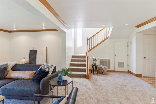 1231 E Brickyard Rd Unit 505, Millcreek, UT 84106 - carpeted living area with stairs, crown molding, and recessed lighting