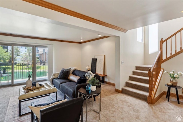 1231 E Brickyard Rd Unit 505, Millcreek, UT 84106 - living area with light colored carpet, stairway, and ornamental molding