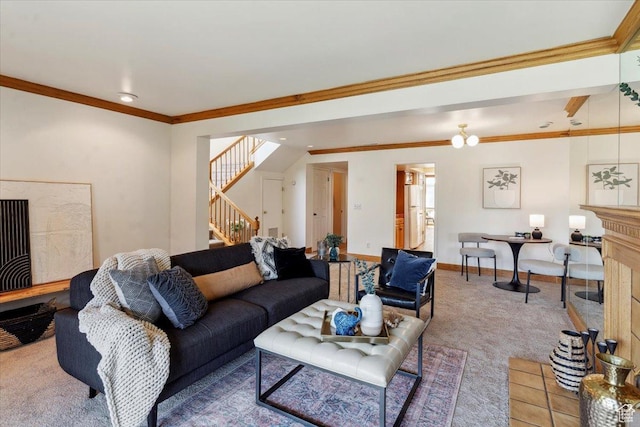 1231 E Brickyard Rd Unit 505, Millcreek, UT 84106 - carpeted living room with stairs, crown molding, a high end fireplace, and recessed lighting