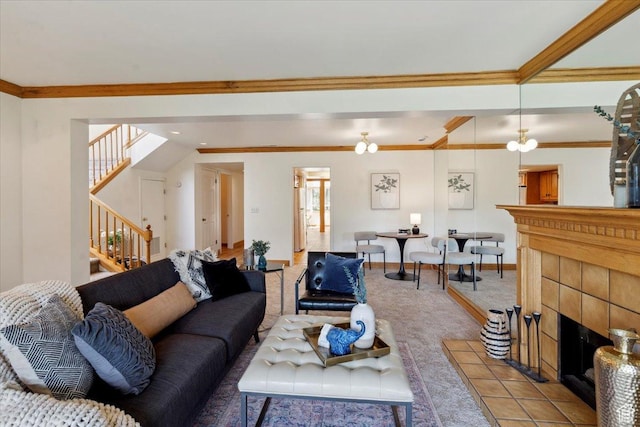 1231 E Brickyard Rd Unit 505, Millcreek, UT 84106 - living room with a tiled fireplace, stairway, light colored carpet, and ornamental molding