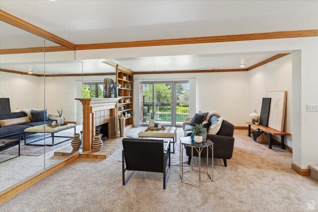 1231 E Brickyard Rd Unit 505, Millcreek, UT 84106 - carpeted living area featuring ornamental molding and a tile fireplace