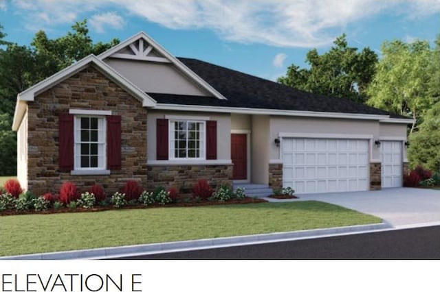 view of front of property featuring driveway, stucco siding, a front lawn, stone siding, and a garage