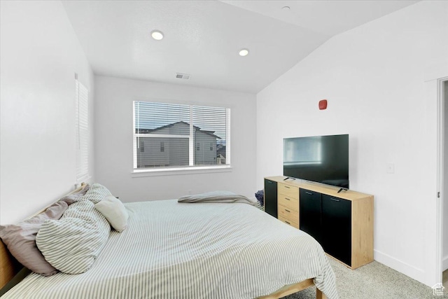 carpeted bedroom featuring visible vents, recessed lighting, baseboards, and lofted ceiling