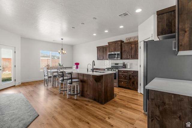 1639 E Yant Flant Dr, St George, UT 84790 - kitchen with visible vents, a sink, backsplash, stainless steel appliances, and dark brown cabinets