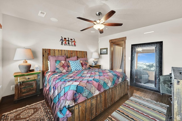 3518 N Moose Hollow Dr Unit 1402, Eden, UT 84310 - bedroom with access to outside, ceiling fan, visible vents, and hardwood / wood-style flooring