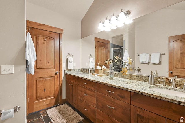 3518 N Moose Hollow Dr Unit 1402, Eden, UT 84310 - bathroom with a sink, tile patterned flooring, double vanity, and a stall shower