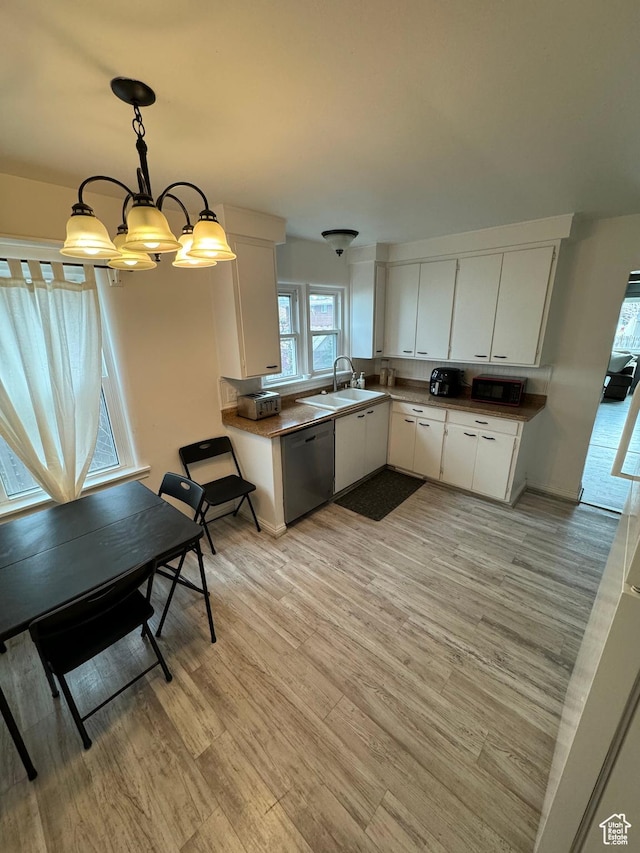 33 W 400 N, Orem, UT 84057 - kitchen with light wood finished floors, white cabinetry, a sink, hanging light fixtures, and stainless steel dishwasher
