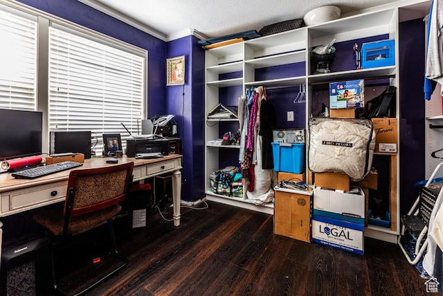 office space with crown molding and wood finished floors