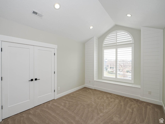 1146 W Jordan River Dr, South Jordan, UT 84095 - interior space featuring visible vents, recessed lighting, carpet floors, baseboards, and vaulted ceiling
