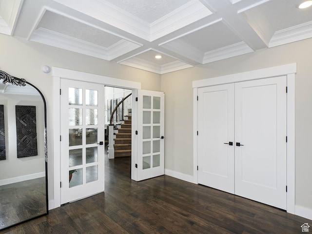 1146 W Jordan River Dr, South Jordan, UT 84095 - interior space with dark wood-style floors, baseboards, coffered ceiling, stairs, and french doors