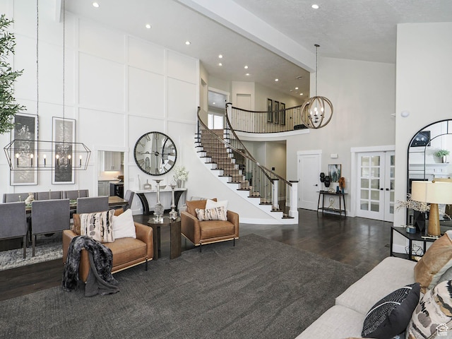 1146 W Jordan River Dr, South Jordan, UT 84095 - living room with stairway, wood finished floors, an inviting chandelier, recessed lighting, and a towering ceiling